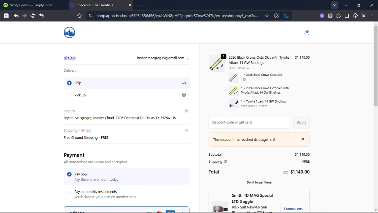 Skiessentials.com discount code screenshot showing code R2F5CSZ3 applied at Skiessentials.com checkout page. Uploaded by SimplyCodes community member Userr2 on Feb 15, 2026