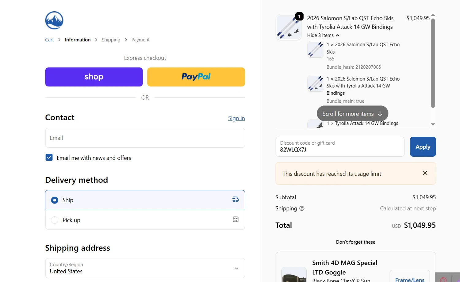 Skiessentials.com discount code screenshot showing code 82WLQX7J applied at Skiessentials.com checkout page. Uploaded by SimplyCodes community member CodeTiger886 on Dec 15, 2025