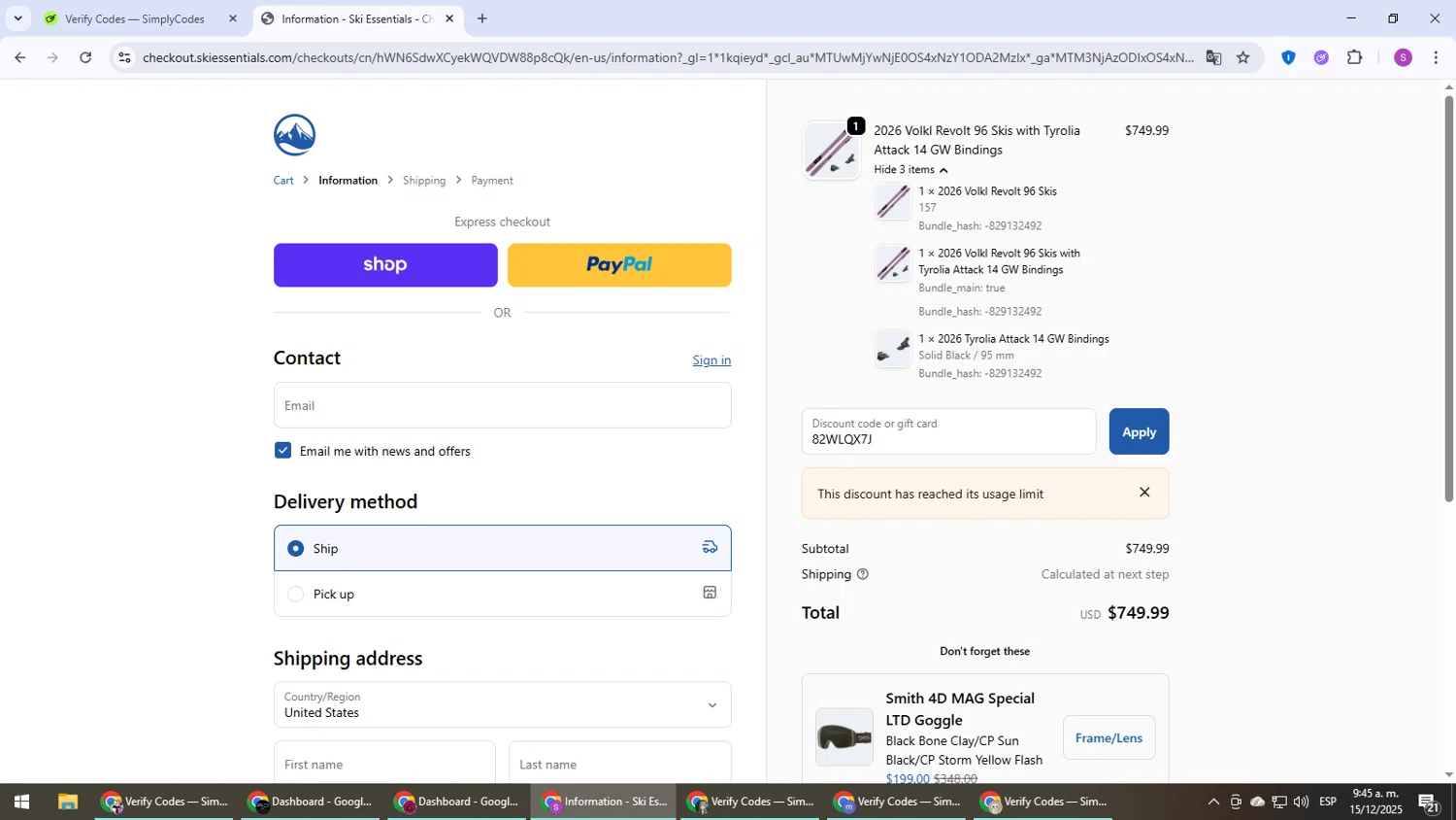 Skiessentials.com discount code screenshot showing code 82WLQX7J applied at Skiessentials.com checkout page. Uploaded by SimplyCodes community member Son_Goku on Dec 15, 2025