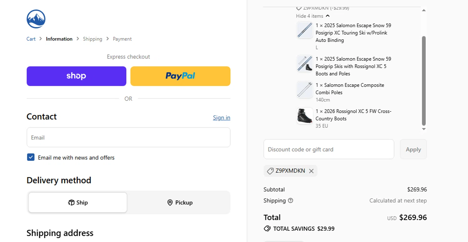 Skiessentials.com promo code screenshot showing code Z9PXMDKN applied at Skiessentials.com checkout page. Uploaded by SimplyCodes community member PaulSkenes on Jun 15, 2026