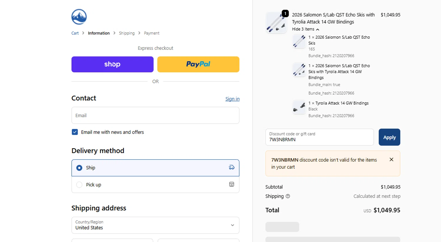 Skiessentials.com discount code screenshot showing code 7W3NBRMN applied at Skiessentials.com checkout page. Uploaded by SimplyCodes community member ashe1986 on Dec 2, 2025