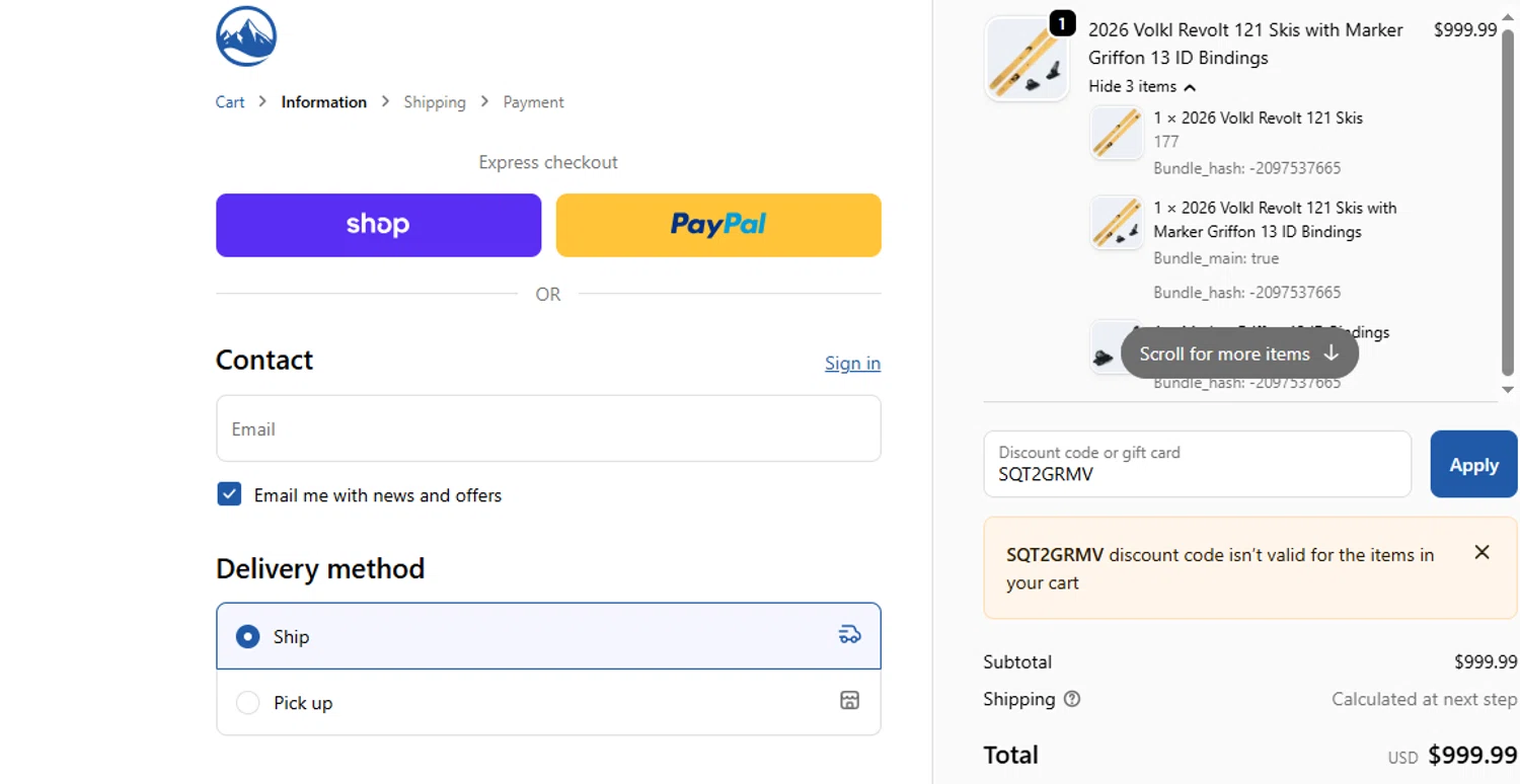 Skiessentials.com discount code screenshot showing code SQT2GRMV applied at Skiessentials.com checkout page. Uploaded by SimplyCodes community member ashe1986 on Nov 29, 2025