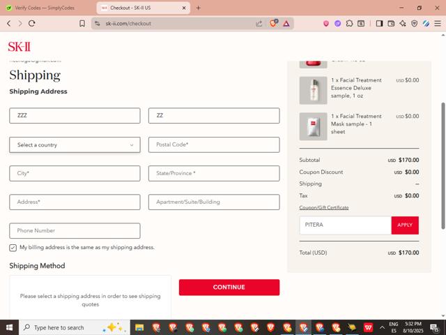 SK-II checkout page showing SK-II promo code box | Screenshot taken by SimplyCodes community member on Aug 10, 2025
