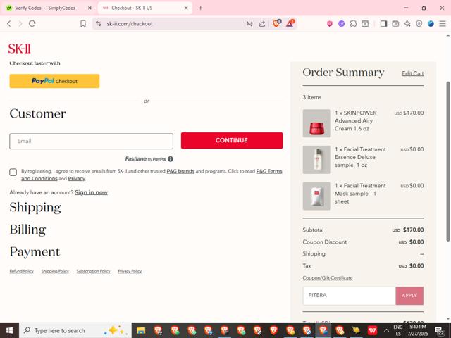 SK-II checkout page showing SK-II promo code box | Screenshot taken by SimplyCodes community member on Jul 27, 2025