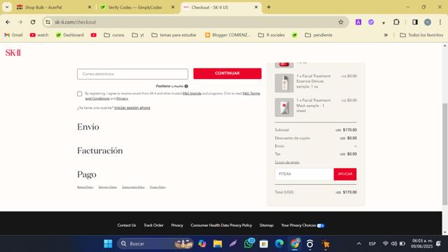 SK-II checkout page showing SK-II promo code box | Screenshot taken by SimplyCodes community member on Jun 9, 2025