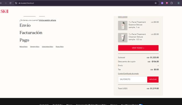 SK-II checkout page showing SK-II promo code box | Screenshot taken by SimplyCodes community member on Jun 13, 2025