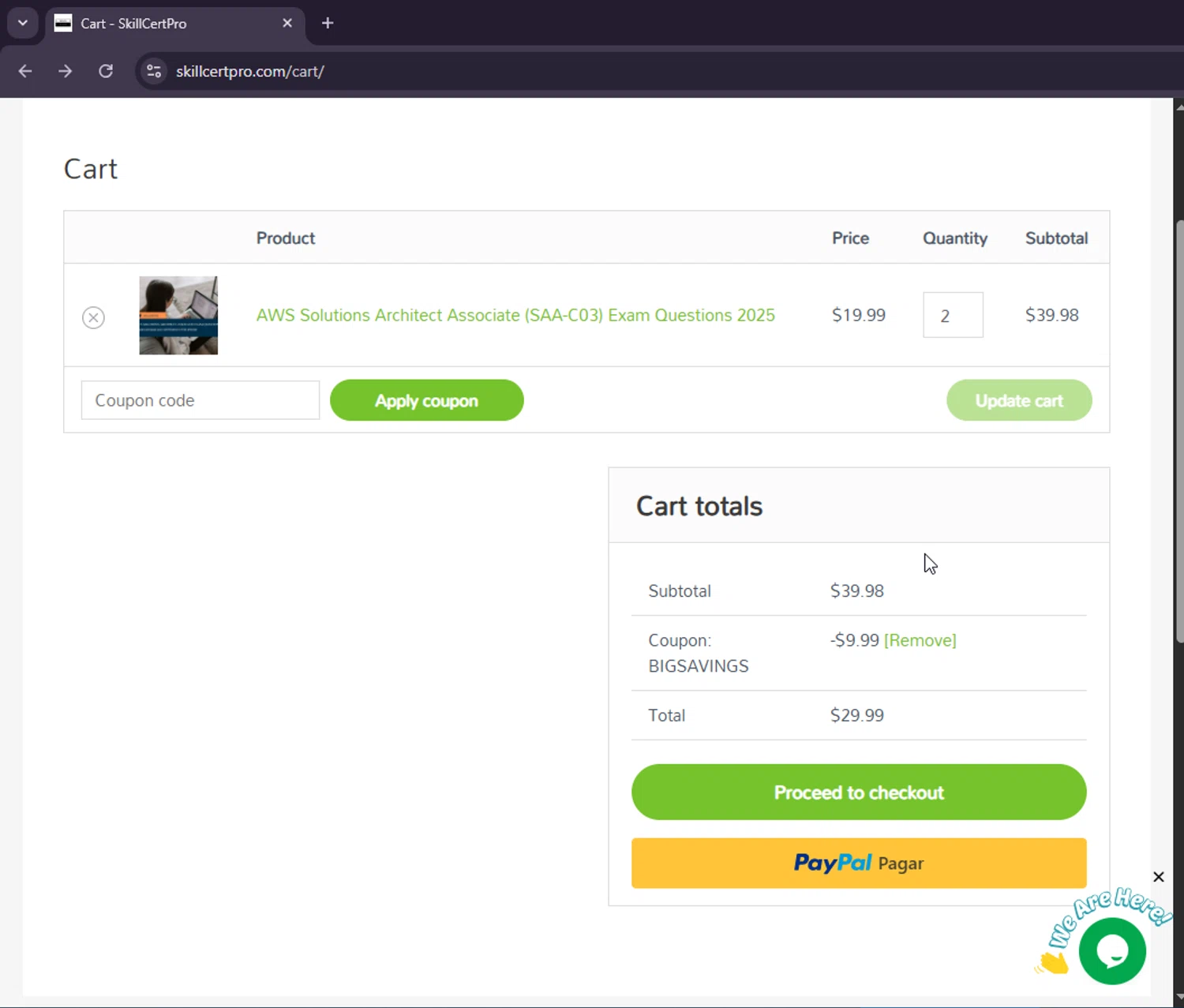 SkillCertPro discount code screenshot showing code BIGSAVINGS applied at SkillCertPro checkout page. Uploaded by SimplyCodes community member SaleRanger1 on Jul 8, 2025