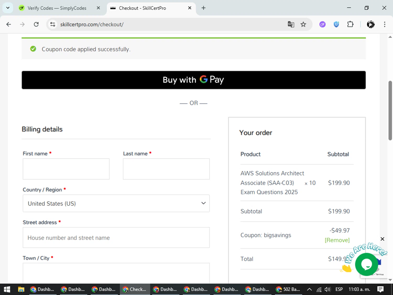 SkillCertPro discount code screenshot showing code BIGSAVINGS applied at SkillCertPro checkout page. Uploaded by SimplyCodes community member SavvyChaser6563 on Oct 8, 2025