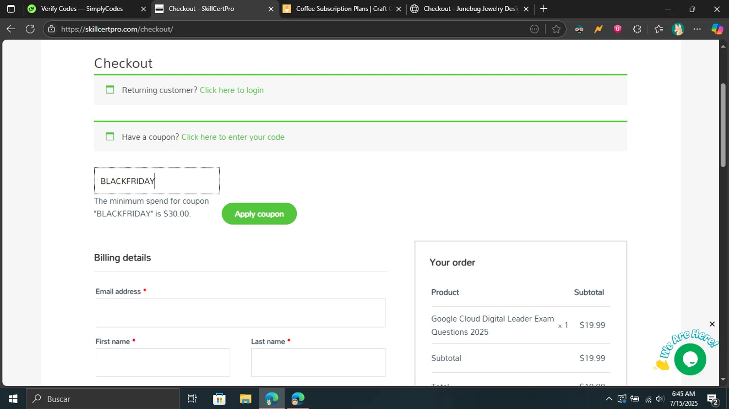 SkillCertPro discount code screenshot showing code BLACKFRIDAY applied at SkillCertPro checkout page. Uploaded by SimplyCodes community member Don_Quixote on Jul 15, 2025