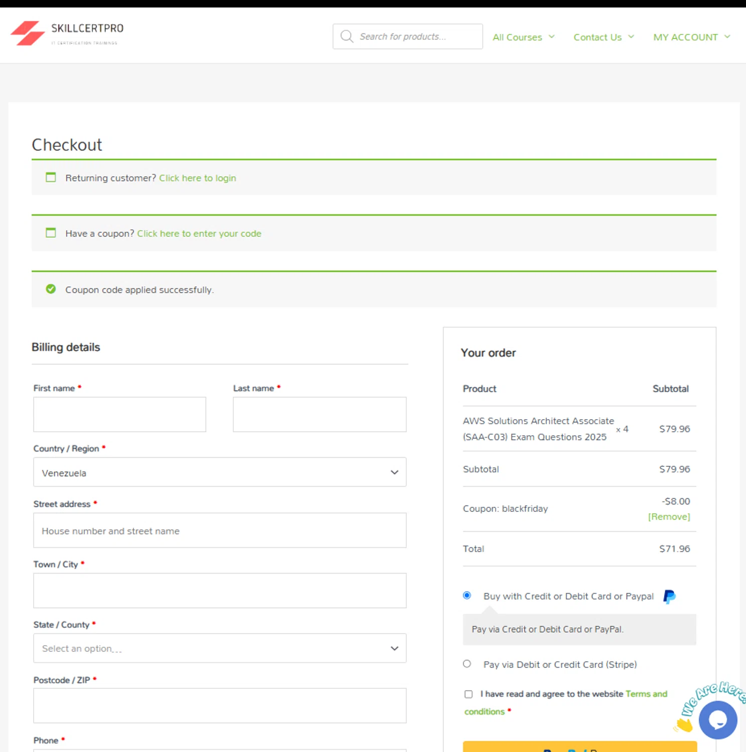 SkillCertPro discount code screenshot showing code BLACKFRIDAY applied at SkillCertPro checkout page. Uploaded by SimplyCodes community member OsbelSanchez23 on Dec 27, 2024