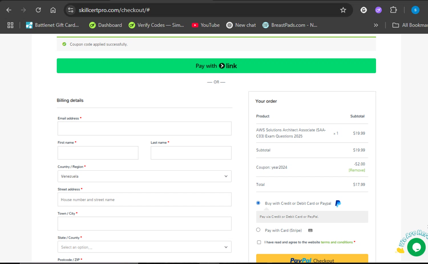 SkillCertPro discount code screenshot showing code year2024 applied at SkillCertPro checkout page. Uploaded by SimplyCodes community member Giyuuu on May 27, 2025