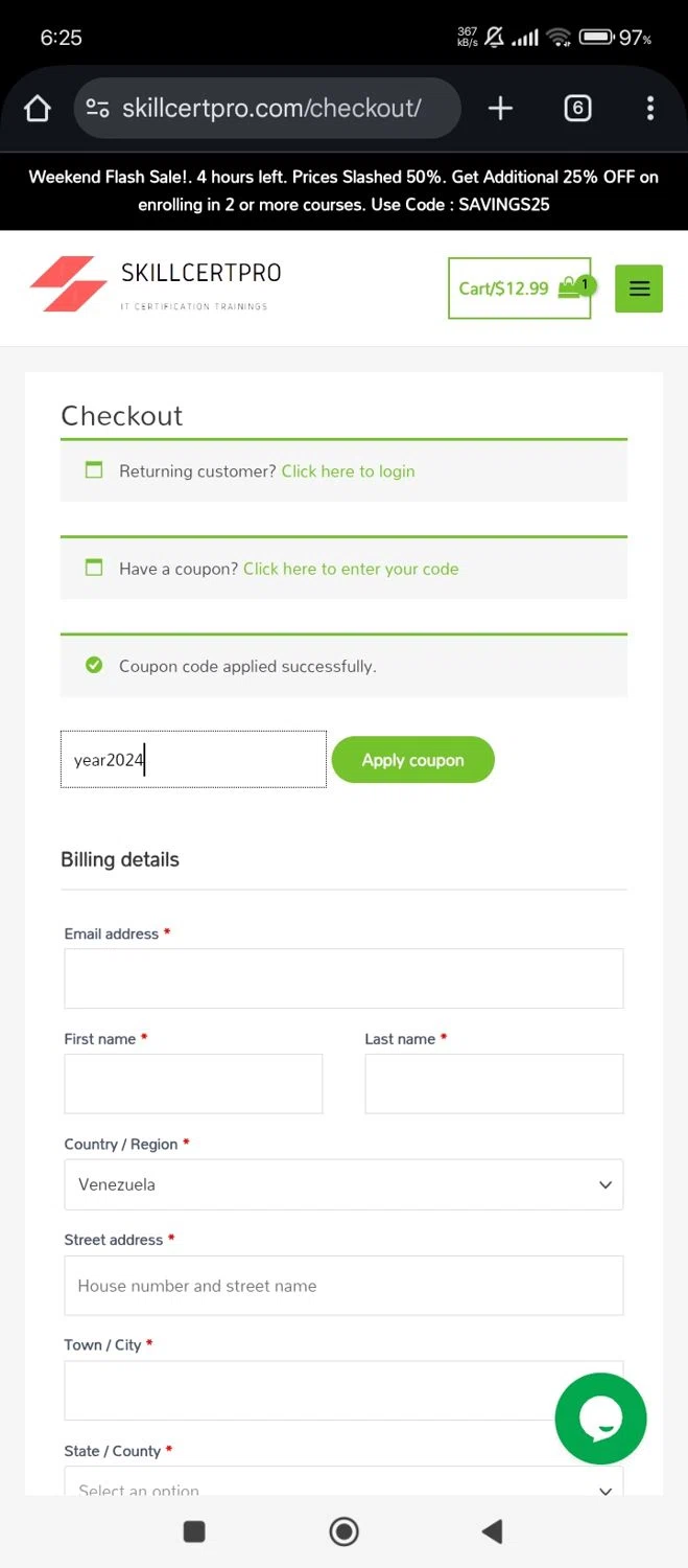 SkillCertPro discount code screenshot showing code year2024 applied at SkillCertPro checkout page. Uploaded by SimplyCodes community member Jutdcv on Jun 9, 2025