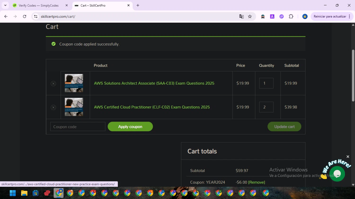 SkillCertPro discount code screenshot showing code year2024 applied at SkillCertPro checkout page. Uploaded by SimplyCodes community member SwiftWarden6832 on Jun 23, 2025