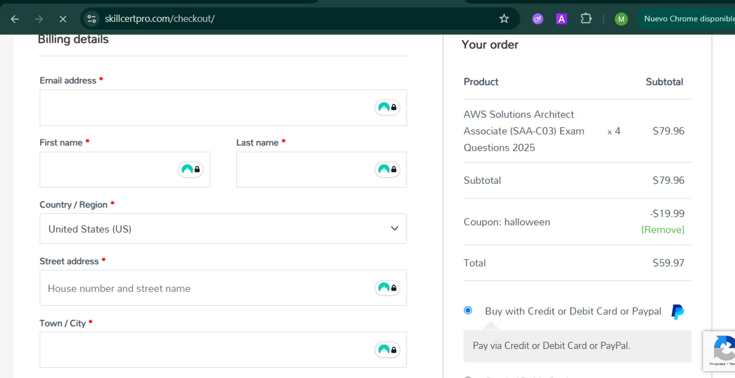 SkillCertPro discount code screenshot showing code HALLOWEEN applied at SkillCertPro checkout page. Uploaded by SimplyCodes community member MARCVH on Nov 2, 2025