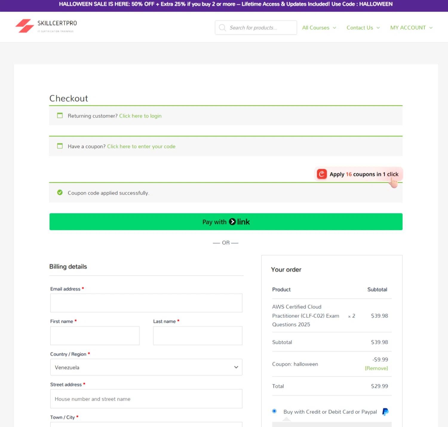 SkillCertPro discount code screenshot showing code HALLOWEEN applied at SkillCertPro checkout page. Uploaded by SimplyCodes community member ESTHER3121 on Nov 2, 2025