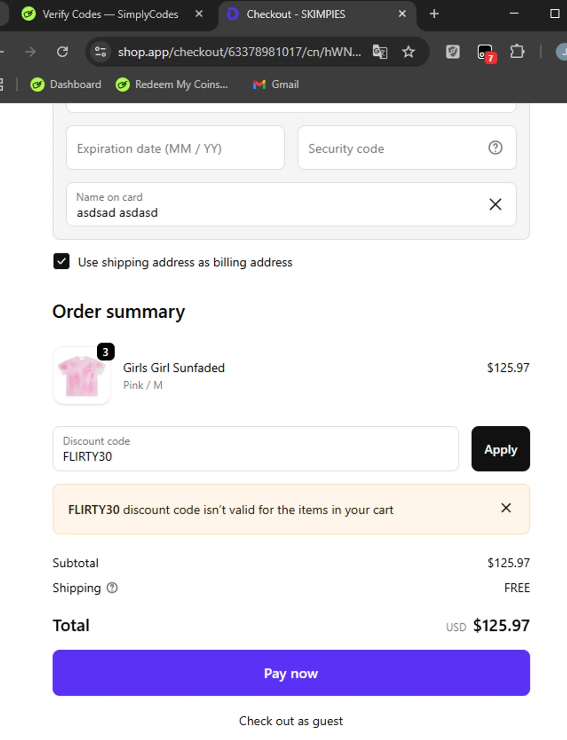 Skimpies promo code screenshot showing code FLIRTY30 applied at Skimpies checkout page. Uploaded by SimplyCodes community member MarkGrayson on Oct 3, 2025
