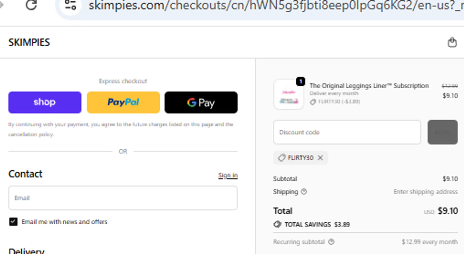 Skimpies promo code screenshot showing code FLIRTY30 applied at Skimpies checkout page. Uploaded by SimplyCodes community member PennyOwl2559 on Nov 24, 2025