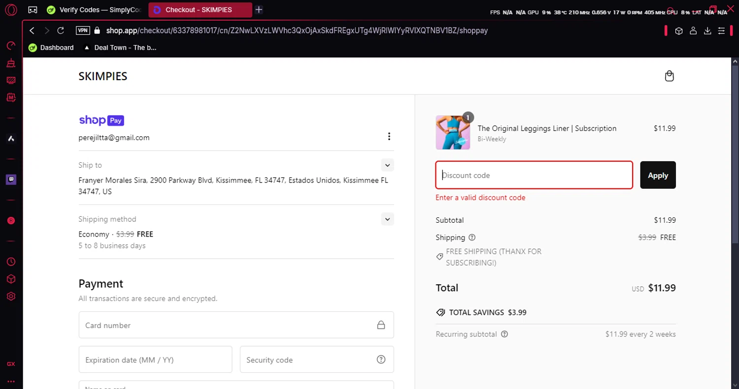 Skimpies promo code screenshot showing code STOCKINGSTUFFER30 applied at Skimpies checkout page. Uploaded by SimplyCodes community member luissi on Dec 31, 2024