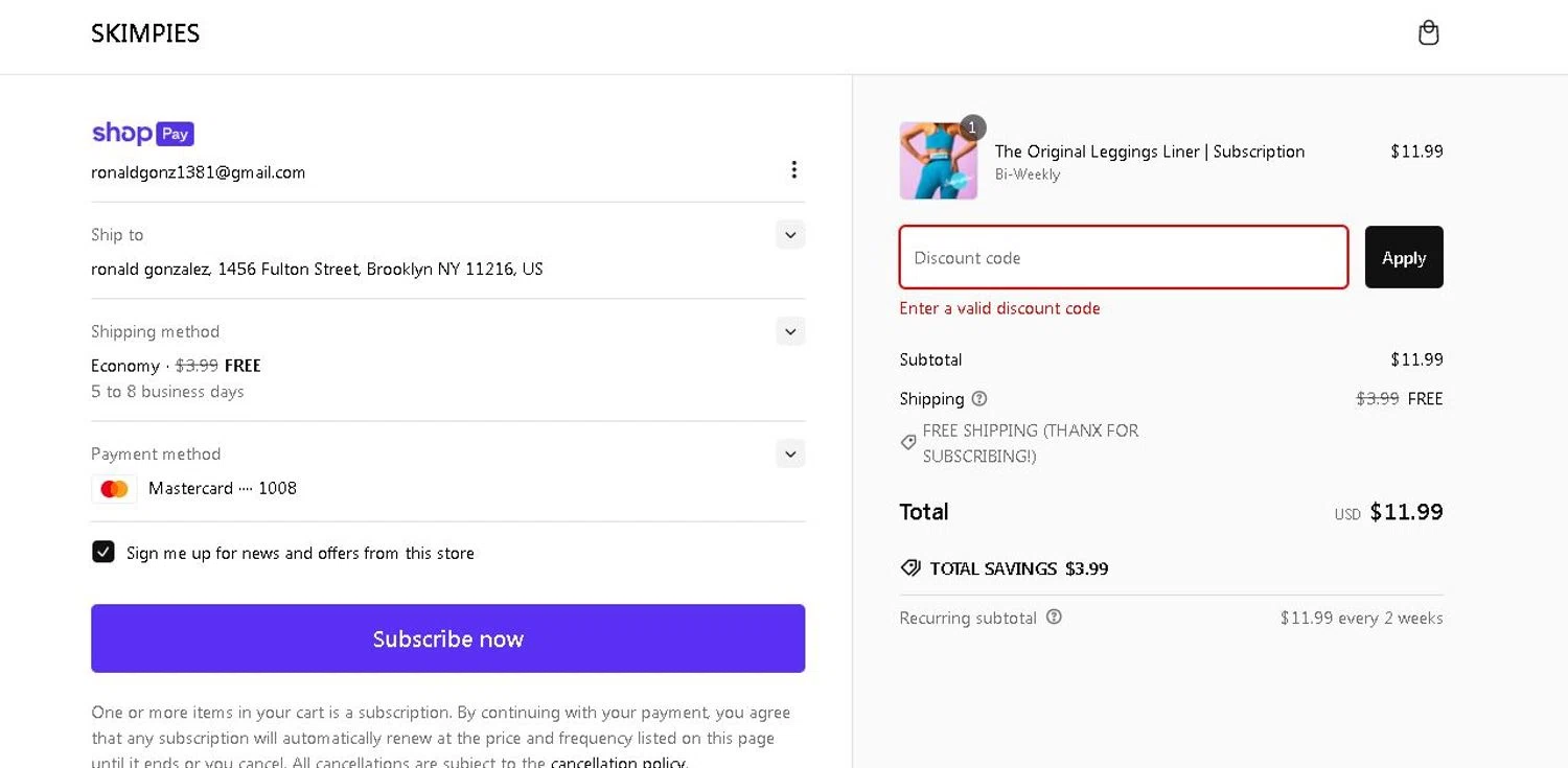 Skimpies promo code screenshot showing code STOCKINGSTUFFER30 applied at Skimpies checkout page. Uploaded by SimplyCodes community member Migyeli11 on Dec 31, 2024