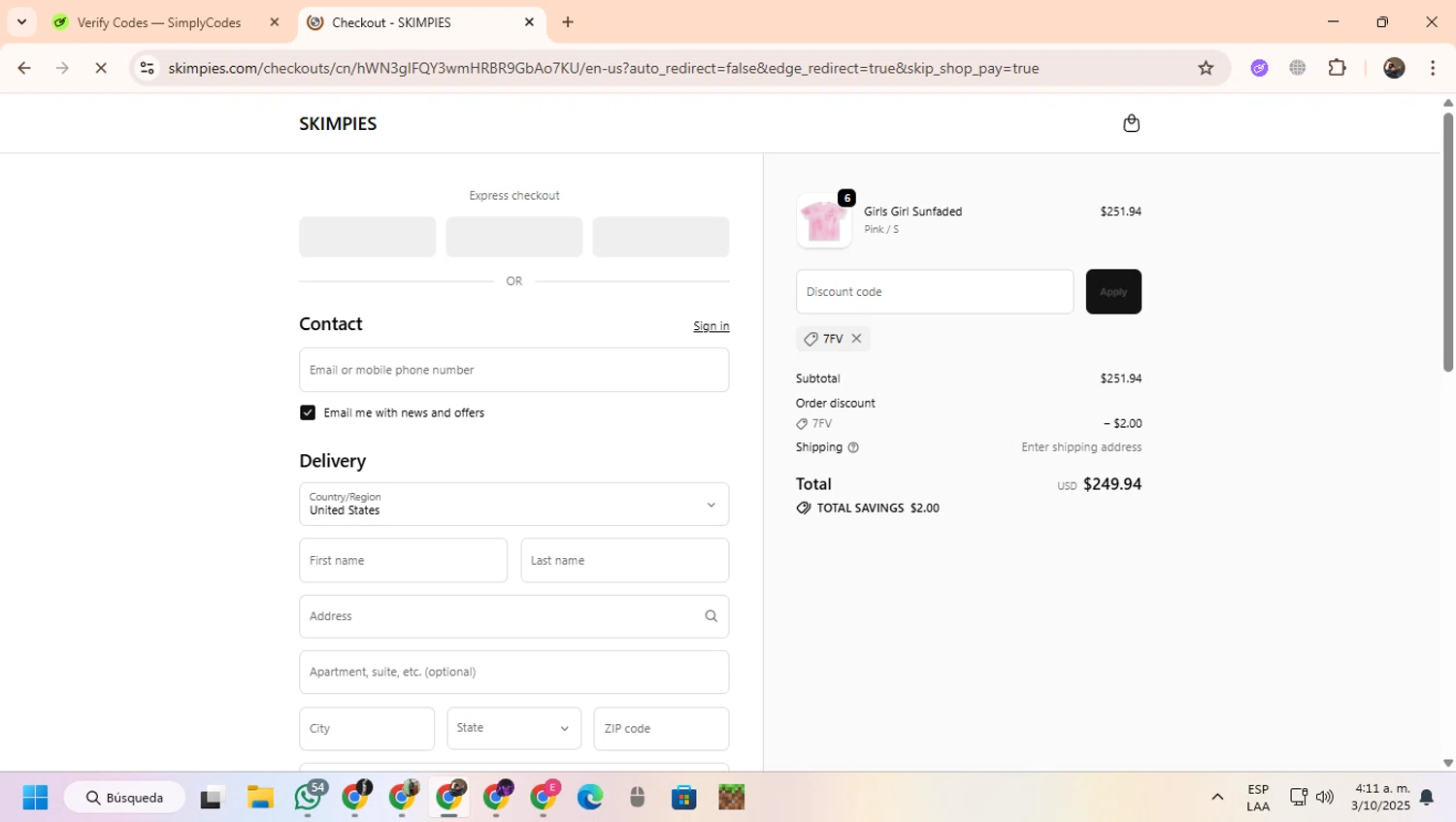Skimpies promo code screenshot showing code 7FV applied at Skimpies checkout page. Uploaded by SimplyCodes community member CoinScout855 on Oct 3, 2025
