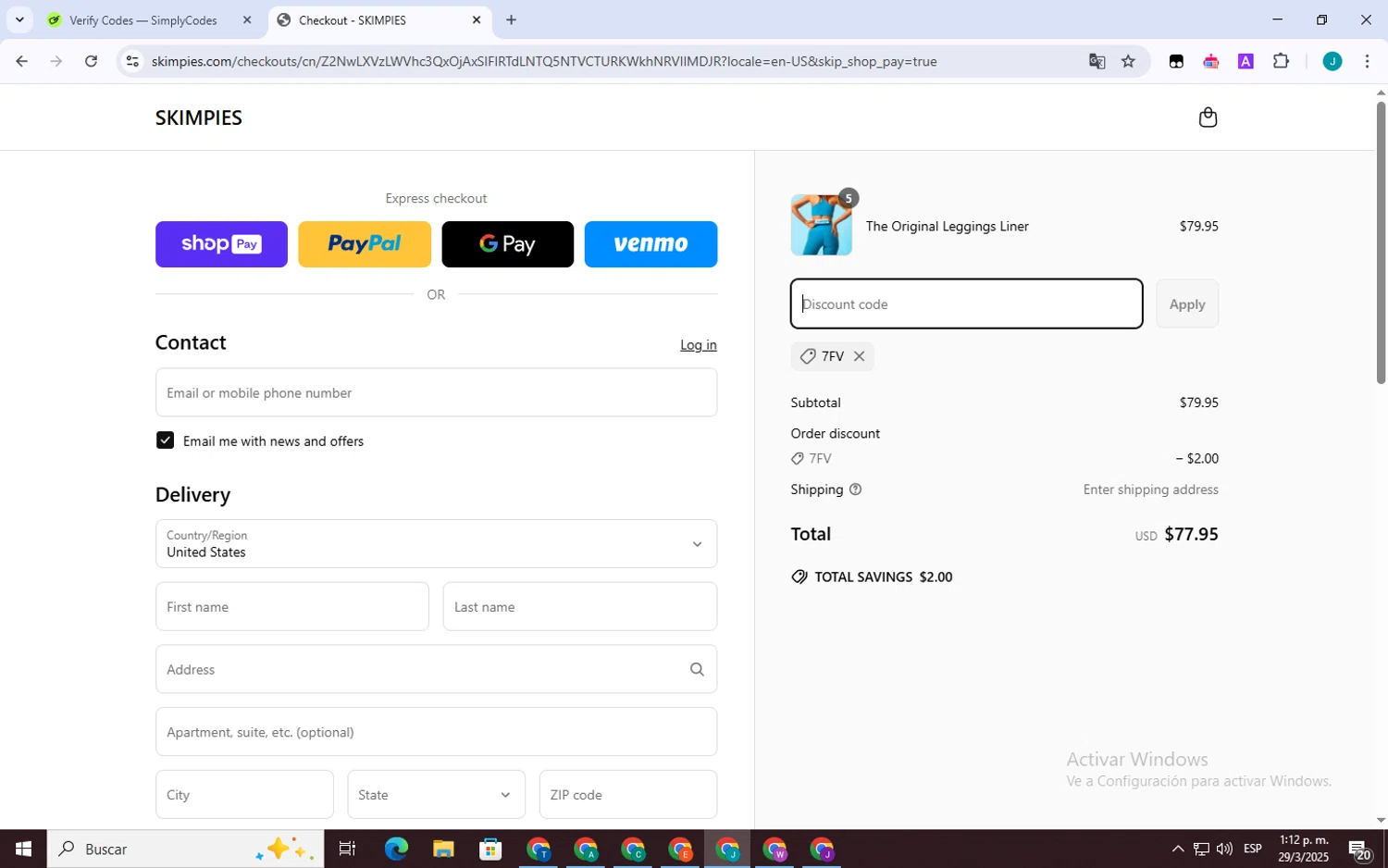 Skimpies promo code screenshot showing code 7FV applied at Skimpies checkout page. Uploaded by SimplyCodes community member VictoriousSpotter751 on Mar 29, 2025