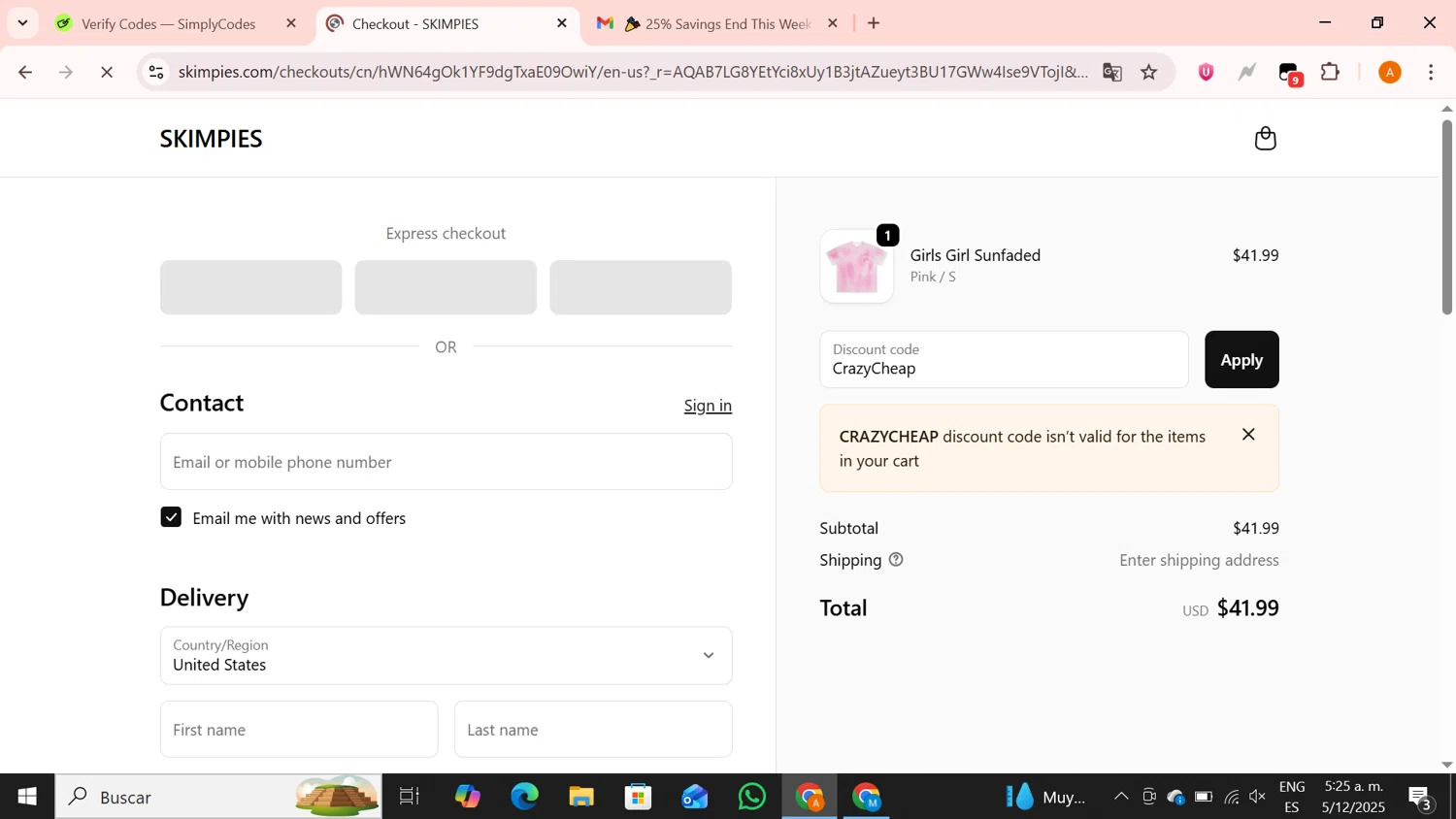 Skimpies promo code screenshot showing code CrazyCheap applied at Skimpies checkout page. Uploaded by SimplyCodes community member BrilliantPro4121 on Dec 5, 2025