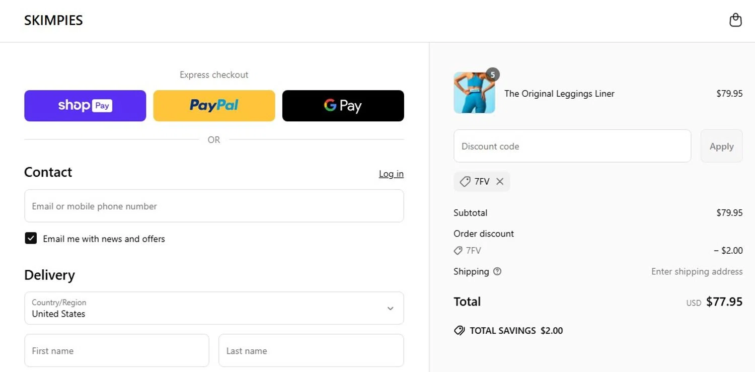 Skimpies promo code screenshot showing code 7FV applied at Skimpies checkout page. Uploaded by SimplyCodes community member antonietarodriguez96 on Mar 29, 2025