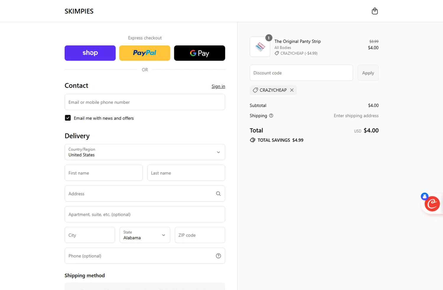 Skimpies promo code screenshot showing code CrazyCheap applied at Skimpies checkout page. Uploaded by SimplyCodes community member ivantorres on Sep 17, 2025