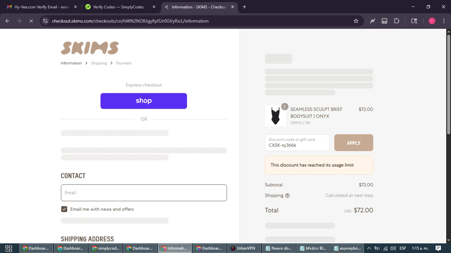SKIMS promo code screenshot showing code CXSK-ty366k applied at SKIMS checkout page. Uploaded by SimplyCodes community member WisePro3739 on Aug 29, 2025