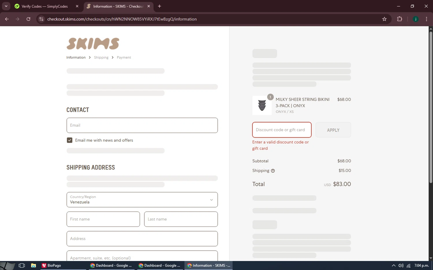 SKIMS promo code screenshot showing code 20I5EEYO applied at SKIMS checkout page. Uploaded by SimplyCodes community member MoneySpotter5416 on Aug 29, 2025