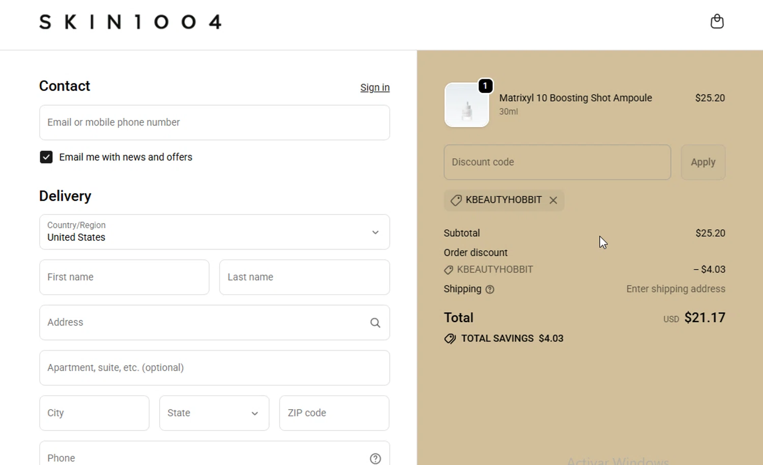 SKIN1004 discount code screenshot showing code KBEAUTYHOBBIT applied at SKIN1004 checkout page. Uploaded by SimplyCodes community member BudgetGuardian5712 on Jan 5, 2026