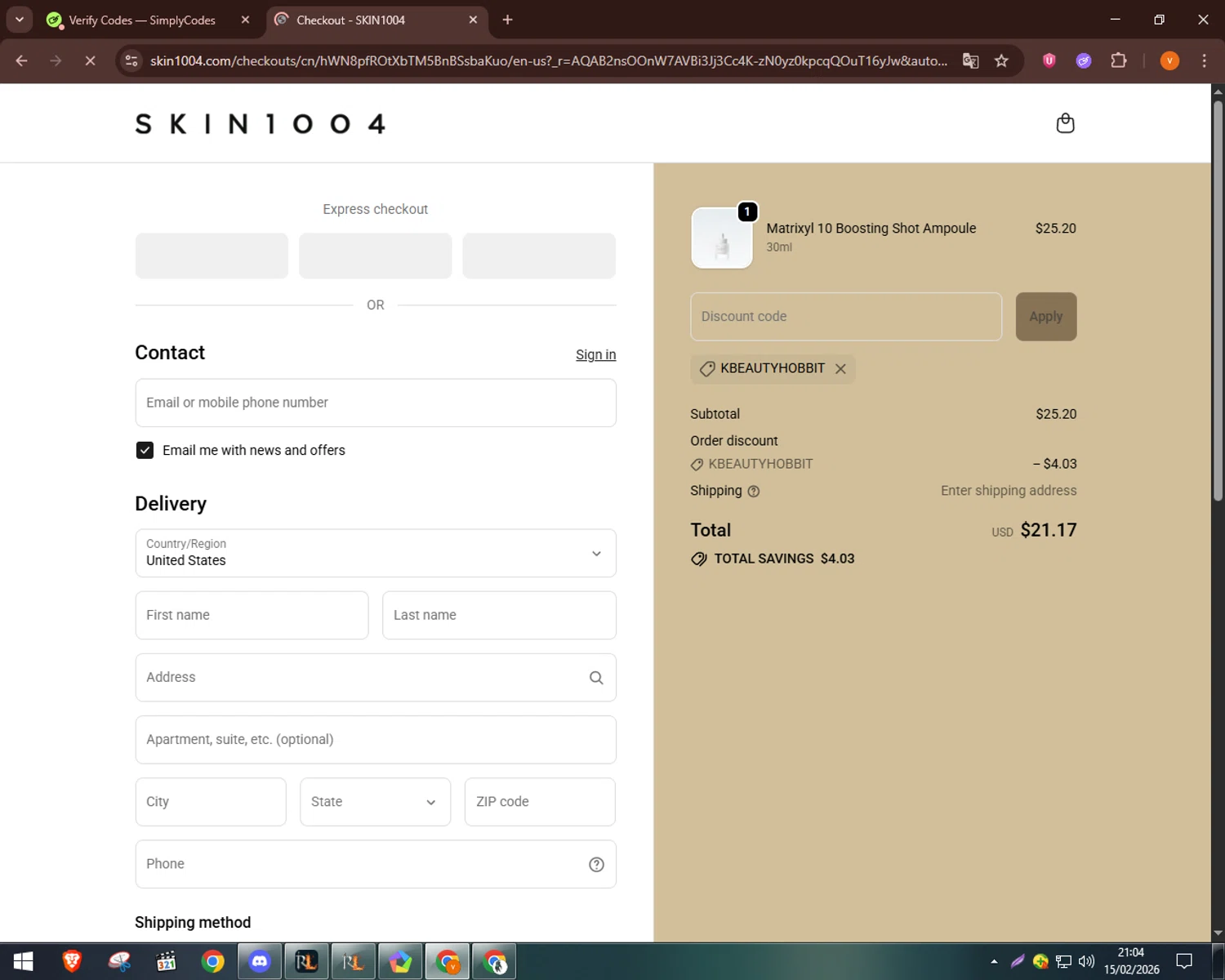 SKIN1004 discount code screenshot showing code KBEAUTYHOBBIT applied at SKIN1004 checkout page. Uploaded by SimplyCodes community member bulbasaur69 on Feb 16, 2026