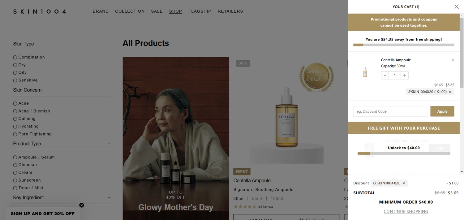 SKIN1004 discount code screenshot showing code SKIN1004X20 applied at SKIN1004 checkout page. Uploaded by SimplyCodes community member VictoriousBoss8742 on May 10, 2025