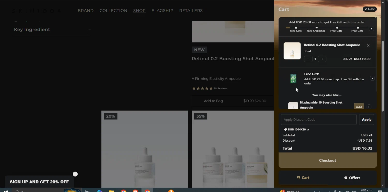 SKIN1004 discount code screenshot showing code SKIN1004X20 applied at SKIN1004 checkout page. Uploaded by SimplyCodes community member TreasureMaestro5413 on Nov 12, 2025