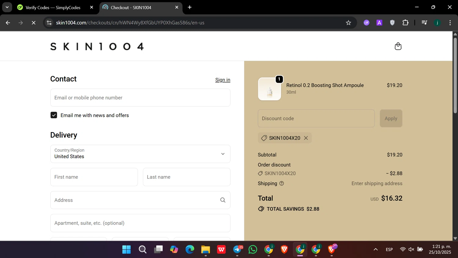 SKIN1004 discount code screenshot showing code SKIN1004X20 applied at SKIN1004 checkout page. Uploaded by SimplyCodes community member hanzell2 on Oct 25, 2025