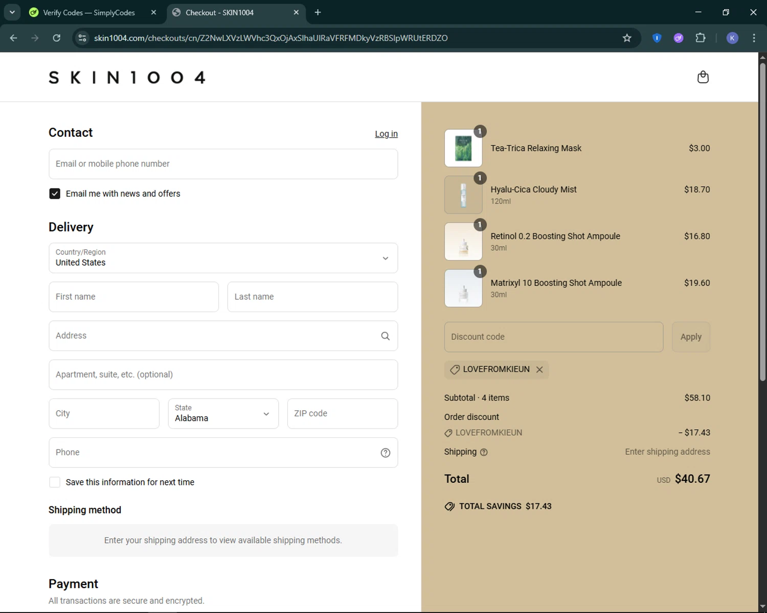 SKIN1004 discount code screenshot showing code LOVEFROMKIEUN applied at SKIN1004 checkout page. Uploaded by SimplyCodes community member KevLapage on Jun 17, 2025