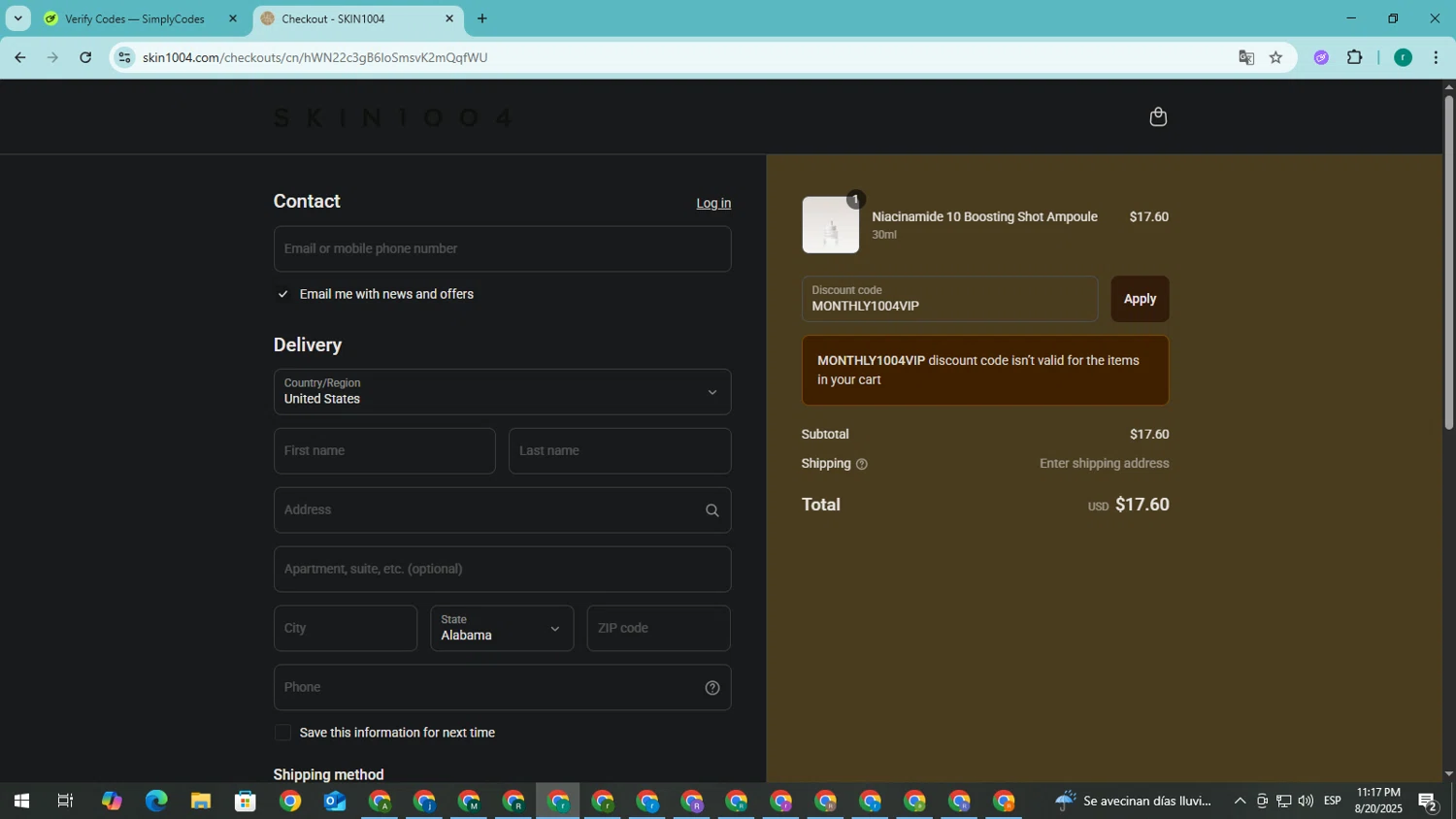 SKIN1004 discount code screenshot showing code MONTHLY1004VIP applied at SKIN1004 checkout page. Uploaded by SimplyCodes community member SavingsRanger5017 on Aug 21, 2025