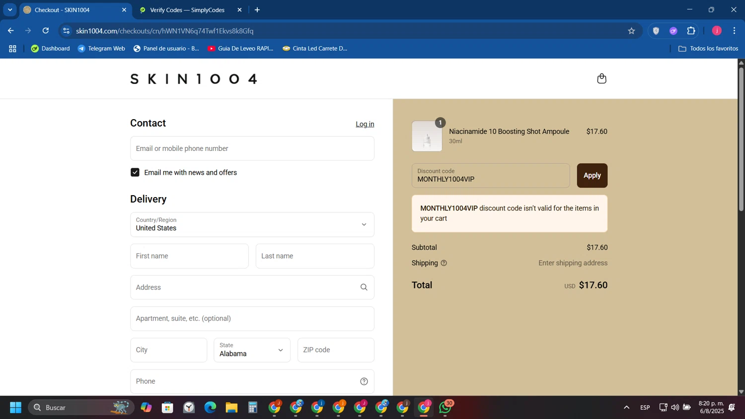 SKIN1004 discount code screenshot showing code MONTHLY1004VIP applied at SKIN1004 checkout page. Uploaded by SimplyCodes community member Tryhard on Aug 7, 2025