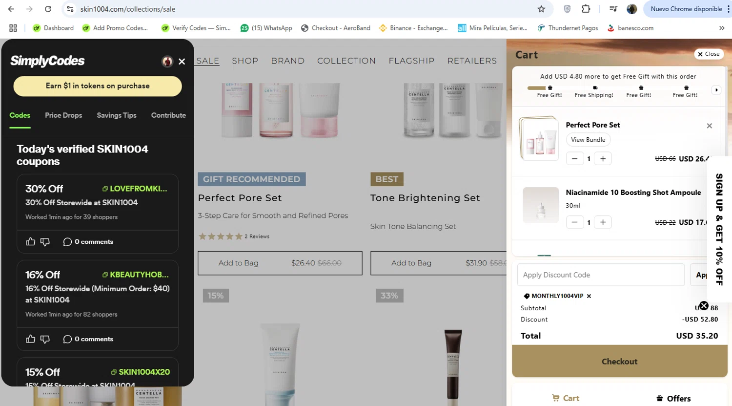SKIN1004 discount code screenshot showing code MONTHLY1004VIP applied at SKIN1004 checkout page. Uploaded by SimplyCodes community member yeresojperez on Dec 14, 2025