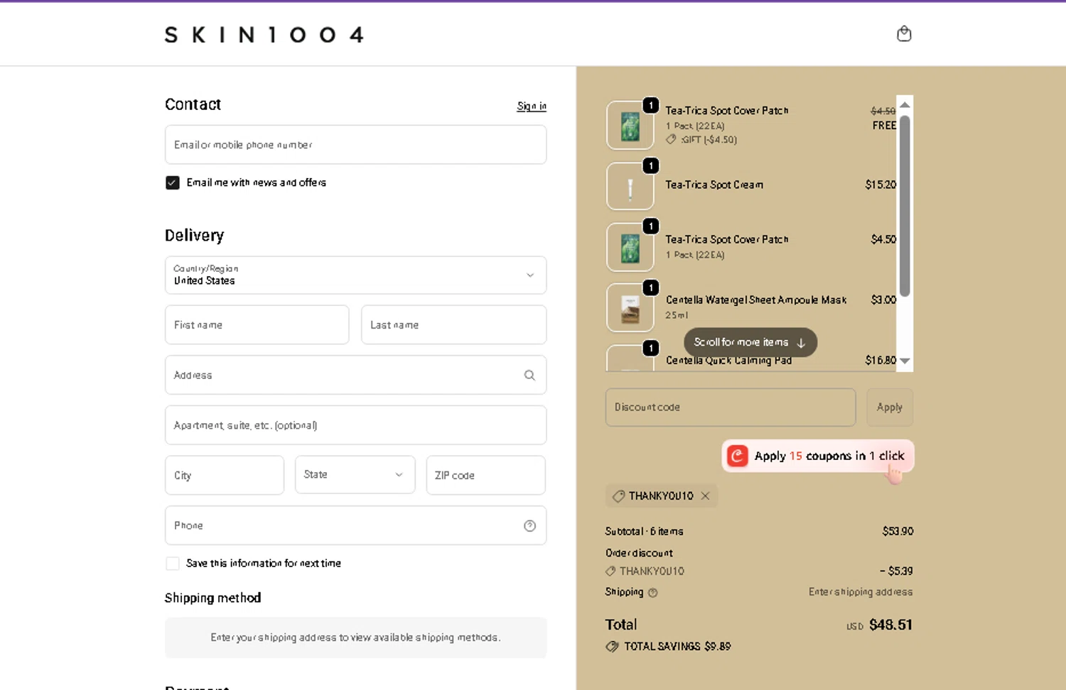 SKIN1004 discount code screenshot showing code THANKYOU10 applied at SKIN1004 checkout page. Uploaded by SimplyCodes community member FramiraGaminG on Dec 6, 2025