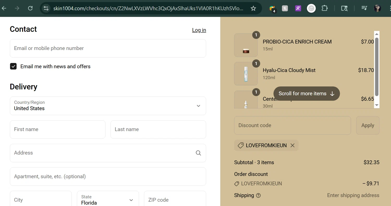SKIN1004 discount code screenshot showing code LOVEFROMKIEUN applied at SKIN1004 checkout page. Uploaded by SimplyCodes community member MarUmi on Jun 17, 2025