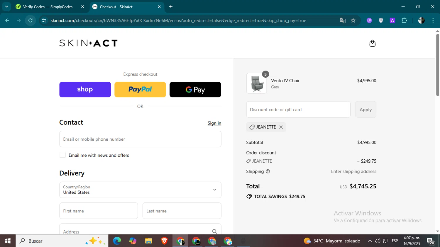 SkinAct discount code screenshot showing code JEANETTE applied at SkinAct checkout page. Uploaded by SimplyCodes community member CleverSage9163 on Sep 16, 2025