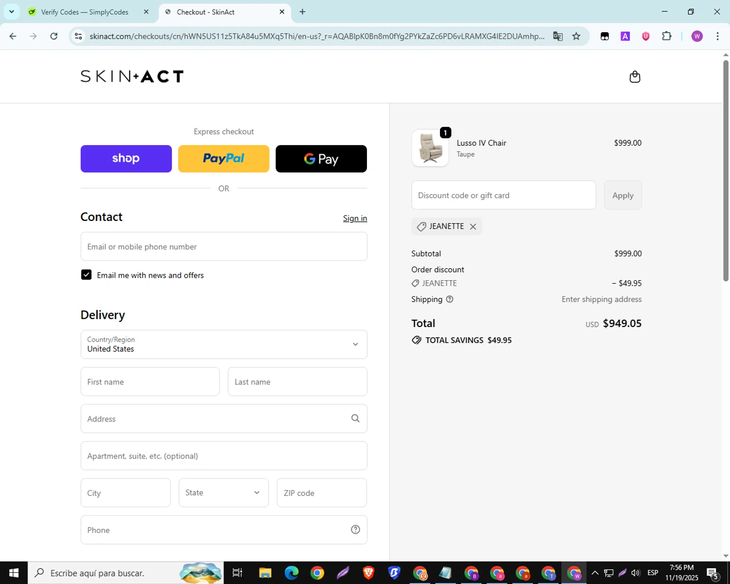 SkinAct discount code screenshot showing code JEANETTE applied at SkinAct checkout page. Uploaded by SimplyCodes community member SwiftScout6682 on Nov 19, 2025