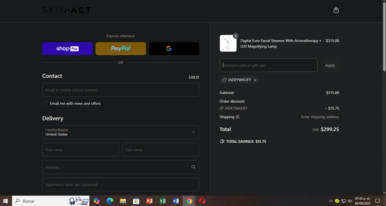 SkinAct discount code screenshot showing code JADEYWADEY applied at SkinAct checkout page. Uploaded by SimplyCodes community member Pollofrito on Apr 4, 2025