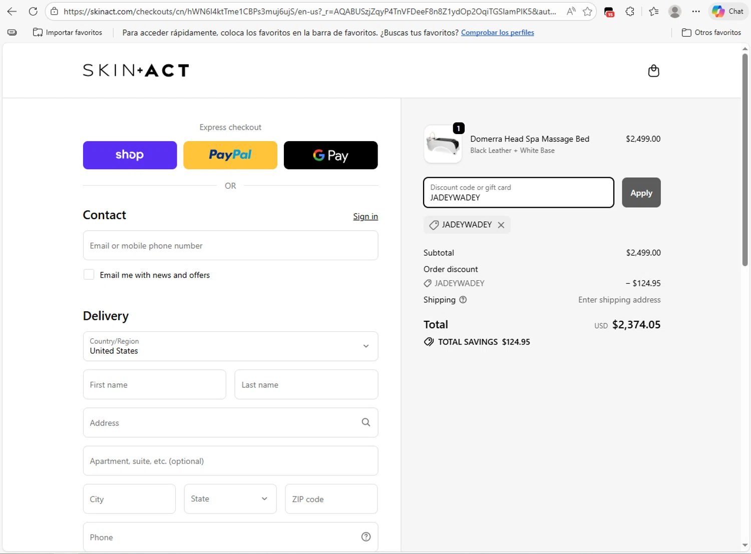 SkinAct discount code screenshot showing code JADEYWADEY applied at SkinAct checkout page. Uploaded by SimplyCodes community member NobleLion9913 on Dec 11, 2025