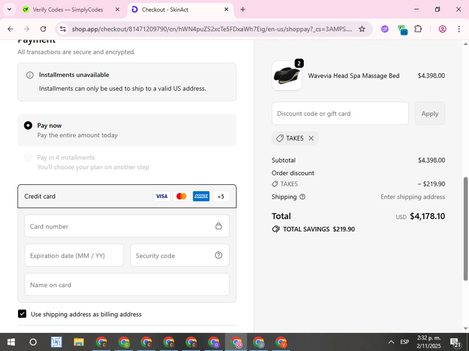 SkinAct discount code screenshot showing code TAKE5 applied at SkinAct checkout page. Uploaded by SimplyCodes community member QuestCurator1644 on Nov 2, 2025
