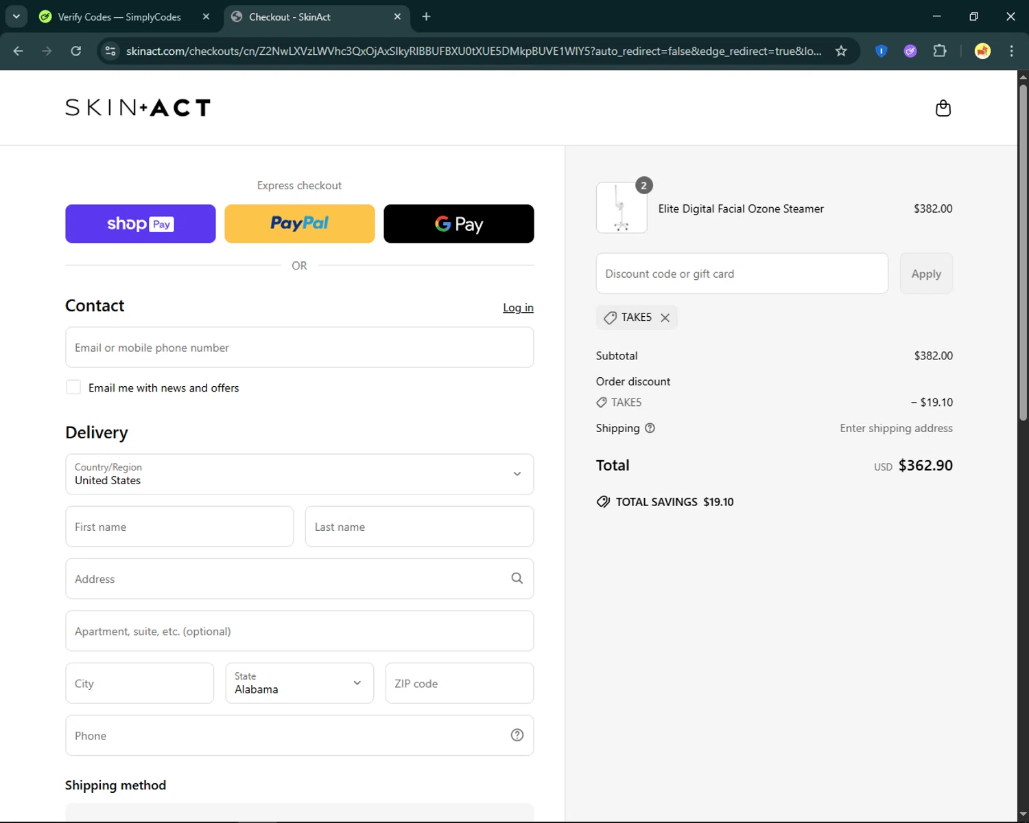 SkinAct discount code screenshot showing code TAKE5 applied at SkinAct checkout page. Uploaded by SimplyCodes community member SmartFinder4193 on Jun 18, 2025