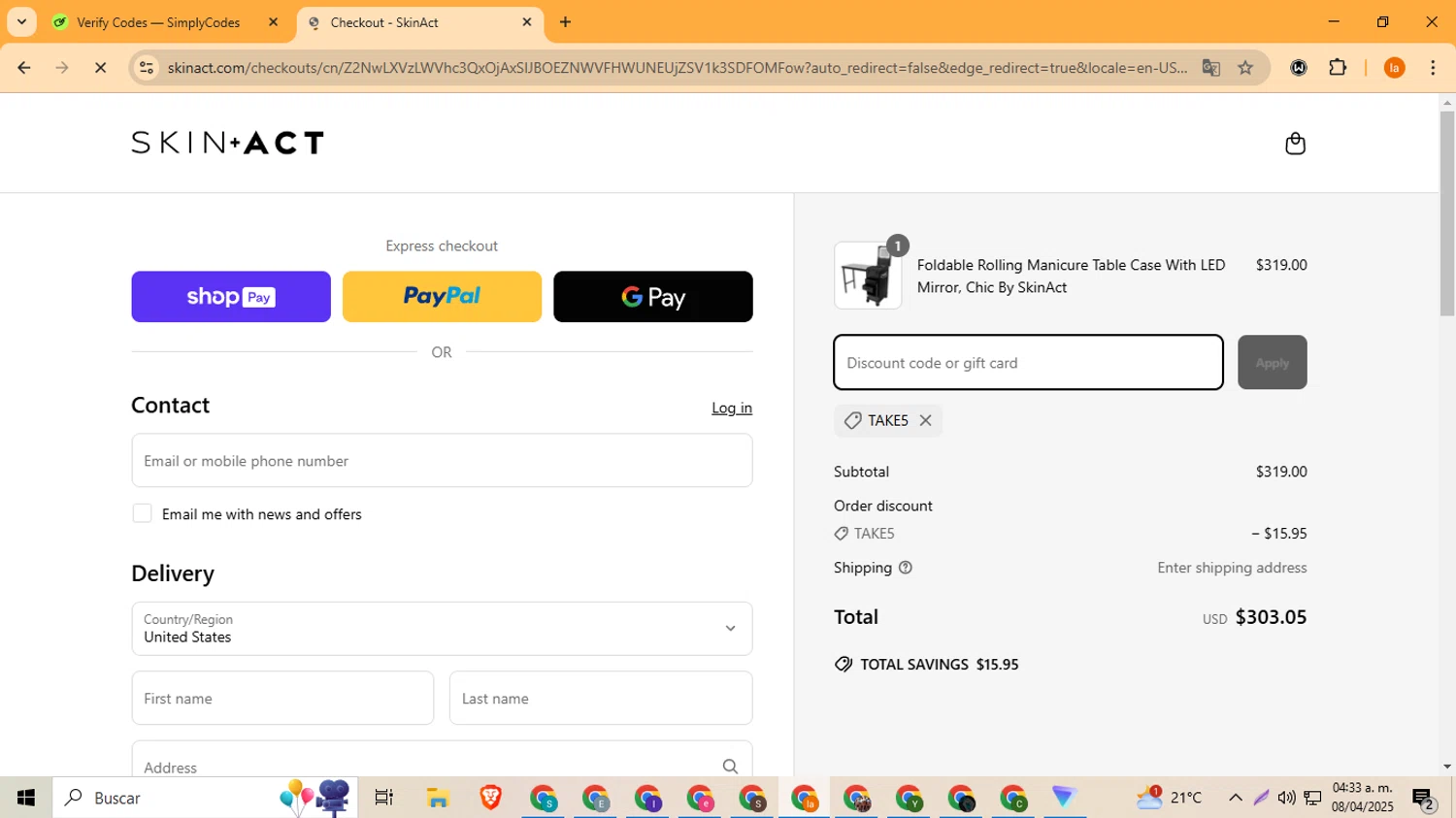 SkinAct discount code screenshot showing code TAKE5 applied at SkinAct checkout page. Uploaded by SimplyCodes community member LegendaryFox4384 on Apr 8, 2025
