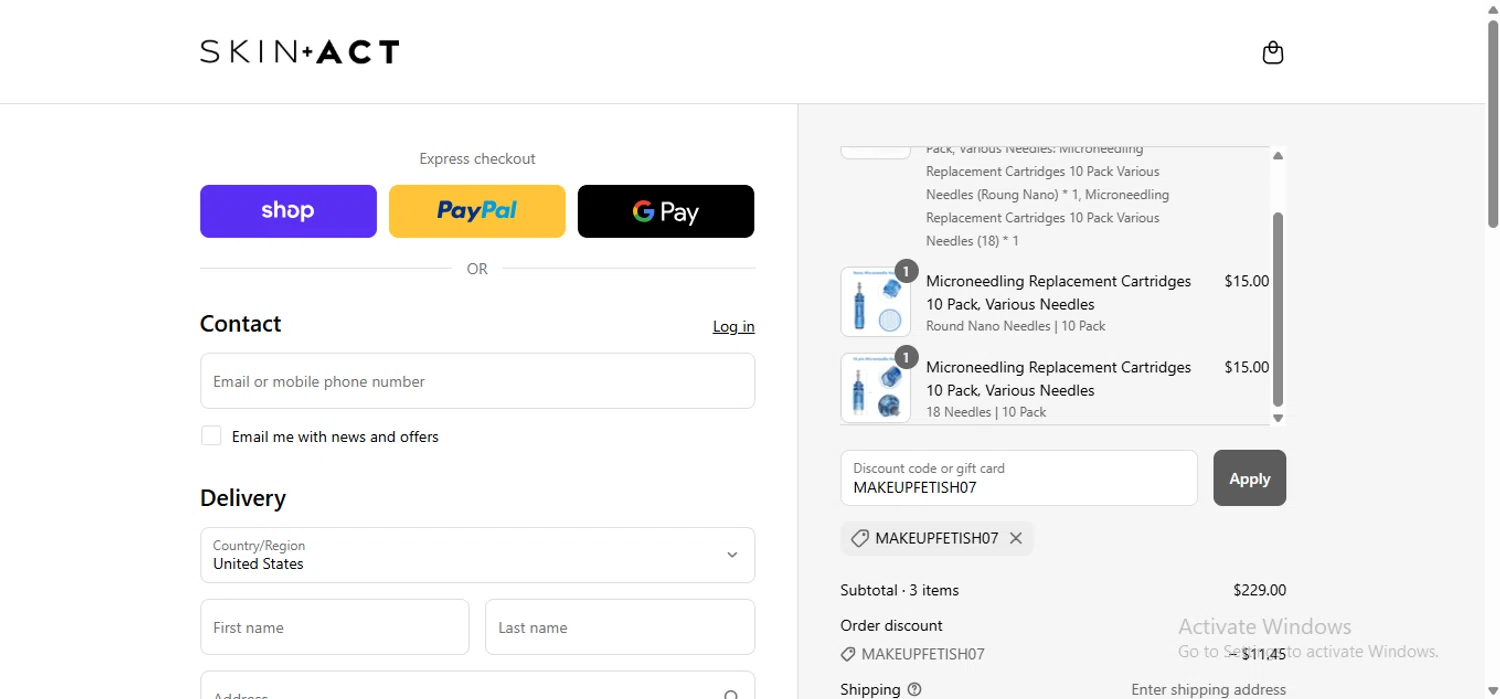 SkinAct discount code screenshot showing code MAKEUPFETISH07 applied at SkinAct checkout page. Uploaded by SimplyCodes community member anosesmith on Aug 29, 2025