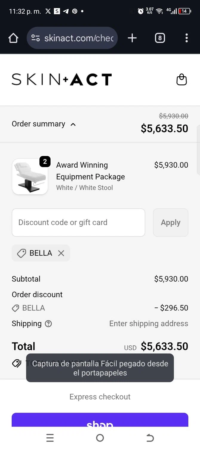 SkinAct discount code screenshot showing code Bella applied at SkinAct checkout page. Uploaded by SimplyCodes community member kellymoreno on Feb 11, 2026